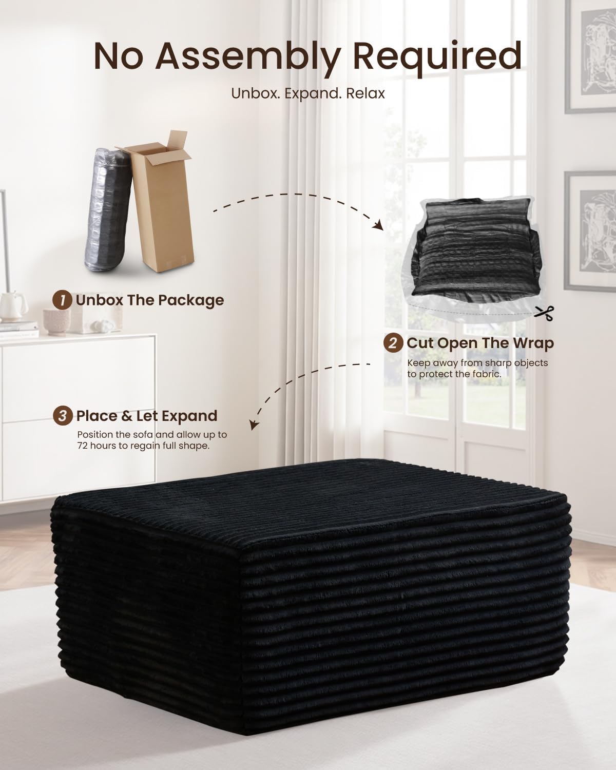 37" Plush Ottoman, Upholstered Cloud Footrest for Couch in a Box,Oversize Poufs for Living Room & Bedroom Sofa Ottoman,Comfy Seating with Dense Foam, Black (Plush Corduroy Fabric)