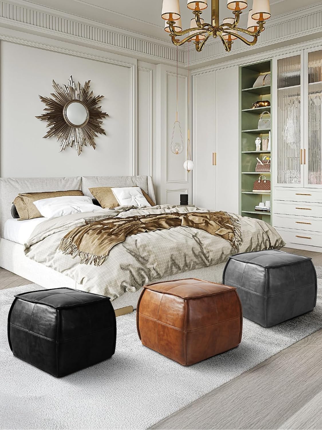 Couchus Genuine Leather Ottoman, Square Pouf Footstool (Square, Black)