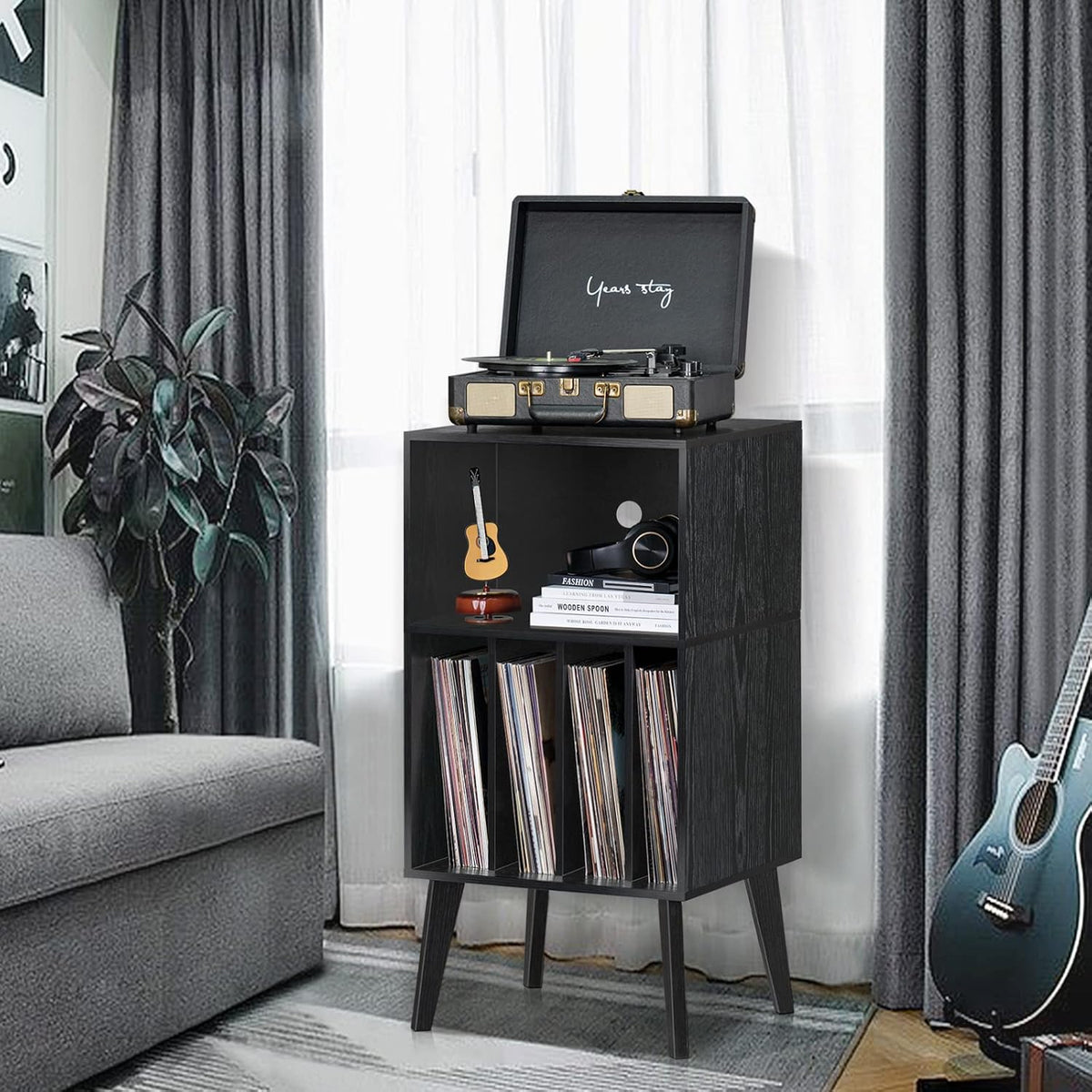Lerliuo Record Player Stand, Black Turntable Stand Holds up to 160 Albums | Mid-Century Vinyl Storage Cabinet Table,Solid Wood Legs, Record Player Holder Dispaly Shelf for Bedroom Living Room
