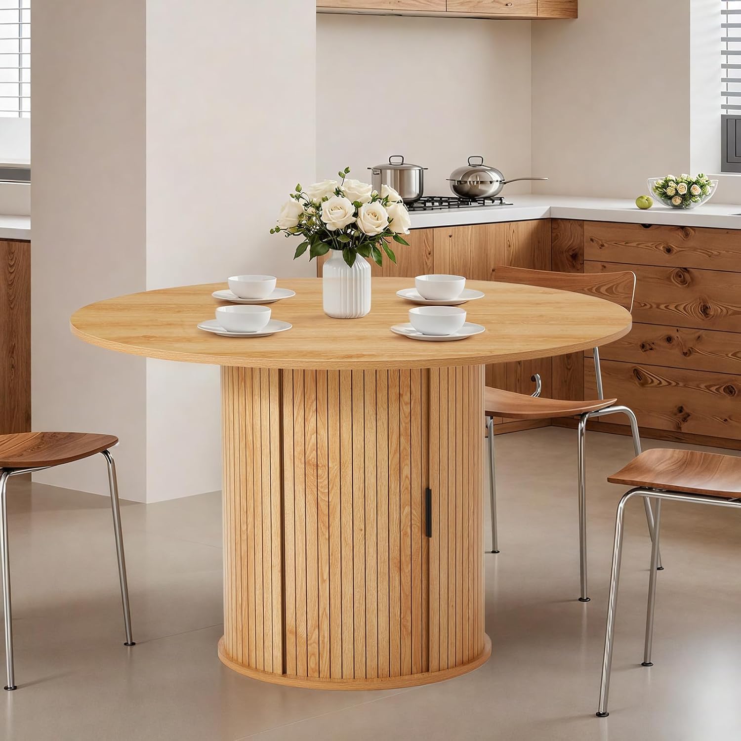 AVAWING 47-inch Round Dining Table for 4-6, Circle Fluted Kitchen Table with 2-Layer Storage Shelf and Wood Slide Door, Mid-Century Modern Fluted Design Wooden Dining Desk for Dining Room, Natural