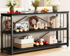 LVB Farmhouse Industrial Console Table for Home, Black Oak, 70 Inch | Wood Metal Foyer Entryway Sofa Tables with Storage, 3 Tier Long Rustic Entry Table TV Stand with Shelves for Home Living Room