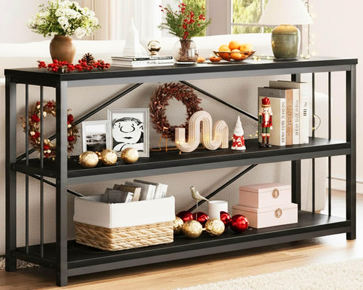 LVB Farmhouse Industrial Console Table for Home, Black Oak, 70 Inch | Wood Metal Foyer Entryway Sofa Tables with Storage, 3 Tier Long Rustic Entry Table TV Stand with Shelves for Home Living Room
