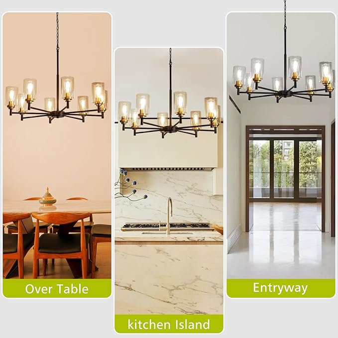 9MMML 8 Lights Black and Gold Chandelier, Modern Glass Ceiling Chandelier Light Fixture, Large Ceiling Hanging Light for Dining Room, Living Room, Bedroom, Kitchen, Over Table, Foyer, E26 Base