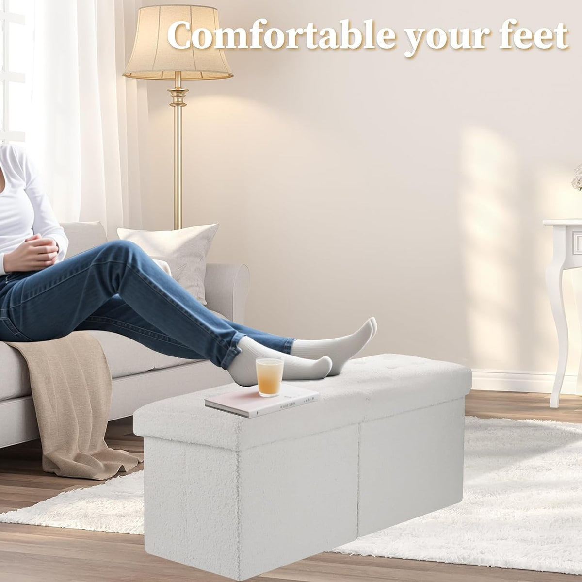 Bsketa Storage Ottoman Bench, 34" Folding Velvet Foot Rest Stool, White | Large Ottoman with Storage, Thicker Foam Padded Seat, Livingroom, Dorm, Bedroom, Easy to install, 86L,34 x 13 x 13in