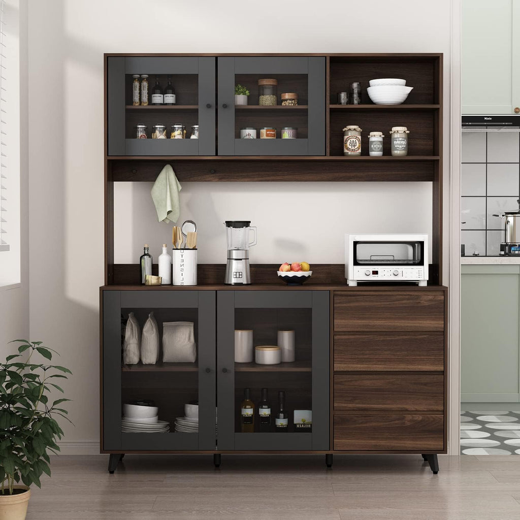 AGOTENI Large Kitchen Hutch Cabinet, Storage Cupboard Pantry with 4 Glass Doors, 4 Drawers & Microwave Shelf, for Kitchen Open Storage, Rustic Brown (63" W x 15.7" D x 74.8" H)