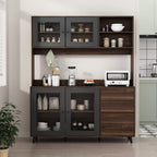 AGOTENI Large Kitchen Hutch Cabinet, Storage Cupboard Pantry with 4 Glass Doors, 4 Drawers & Microwave Shelf, for Kitchen Open Storage, Rustic Brown (63" W x 15.7" D x 74.8" H)