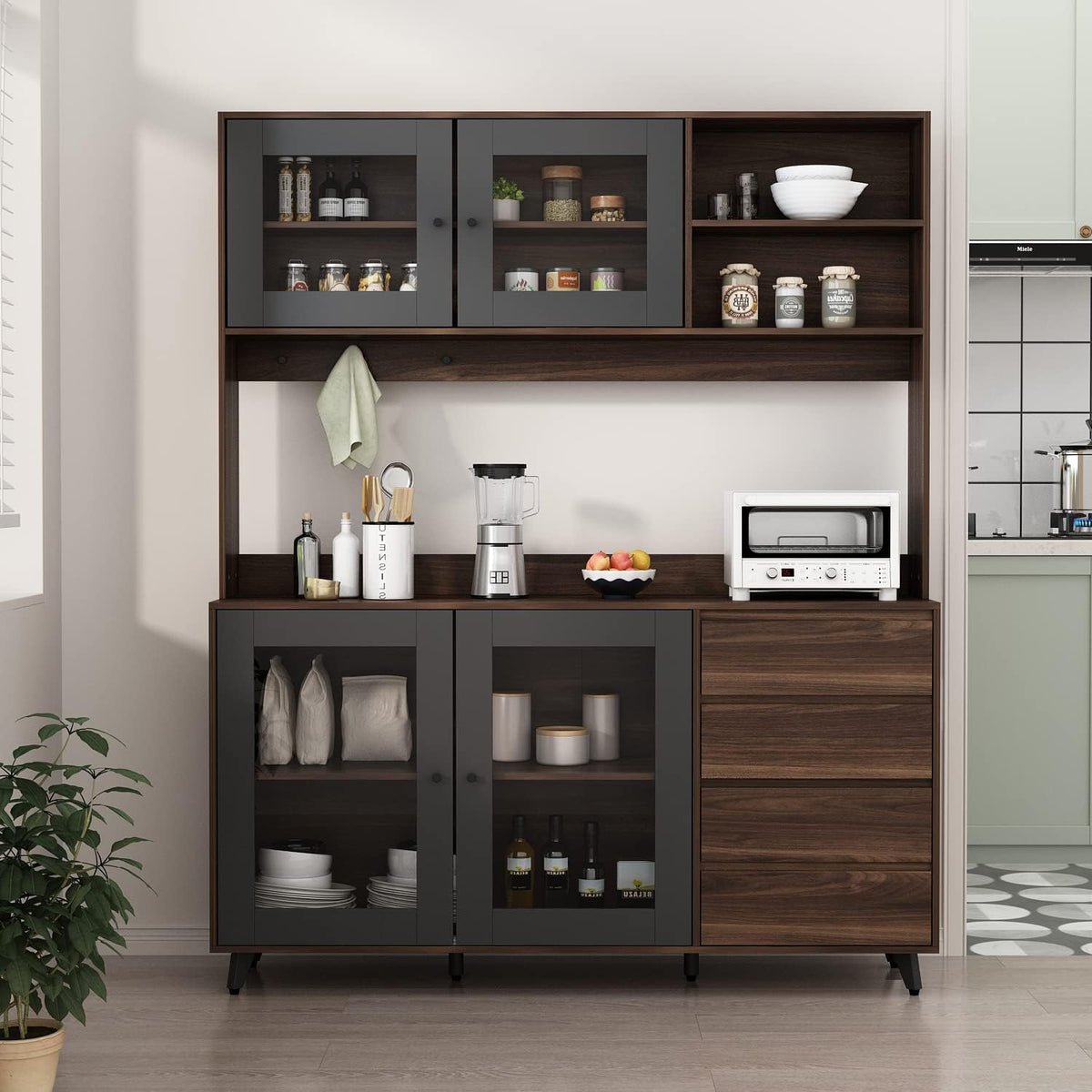 AGOTENI Large Kitchen Hutch Cabinet, Storage Cupboard Pantry with 4 Glass Doors, 4 Drawers & Microwave Shelf, for Kitchen Open Storage, Rustic Brown (63" W x 15.7" D x 74.8" H)