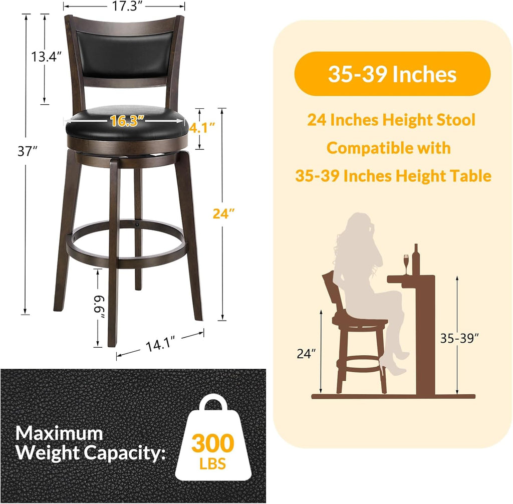 PrimeZone Swivel Bar Stools Set of 2, 24 Inch Counter Height Barstools | Black Faux Leather, High Backrest, Solid Rubberwood Frame, Wrap-around Footrest, Counter Stools for Kitchen Island, Pub