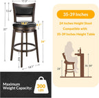 PrimeZone Swivel Bar Stools Set of 2, 24 Inch Counter Height Barstools | Black Faux Leather, High Backrest, Solid Rubberwood Frame, Wrap-around Footrest, Counter Stools for Kitchen Island, Pub