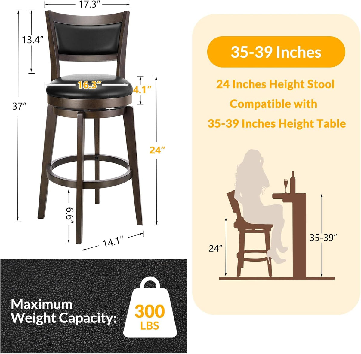 PrimeZone Swivel Bar Stools Set of 2, 24 Inch Counter Height Barstools | Black Faux Leather, High Backrest, Solid Rubberwood Frame, Wrap-around Footrest, Counter Stools for Kitchen Island, Pub