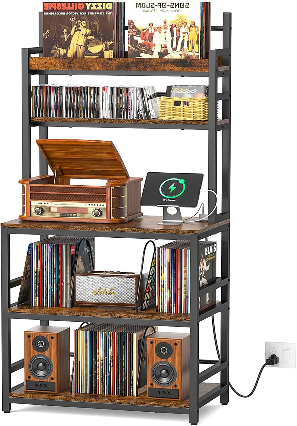 Large Record Player Stand with Vinyl Storage Shelf, Holds Up 500+ Albums | 5-Tier Record Player Table Turntable Stand with Charging Station & CD/DVD Rack, Vinyl Record Storage for Living Room Bedroom