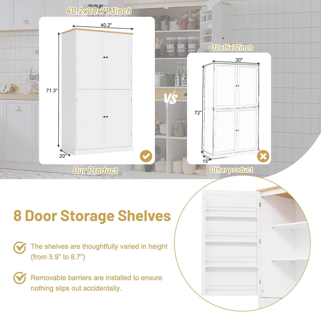 Litex 40.2" Wide Kitchen Pantry Cabinet, 71.3" Tall Freestanding Storage Cabinet with 2 Drawers, Adjustable Shelves & 8 Door Shelves, Large Farmhouse Kitchen Cupboard for Kitchen Dining Room (White)