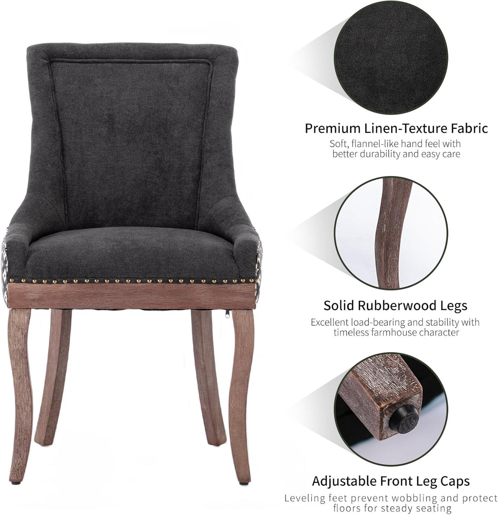 Modern Dining Chairs Set of 6, Fabric Upholstered High Back Chairs with Nailhead Trim and Curved Solid Wood Legs, Sillas de Comedor Accent Chairs for Dining Room, Black & Patterned