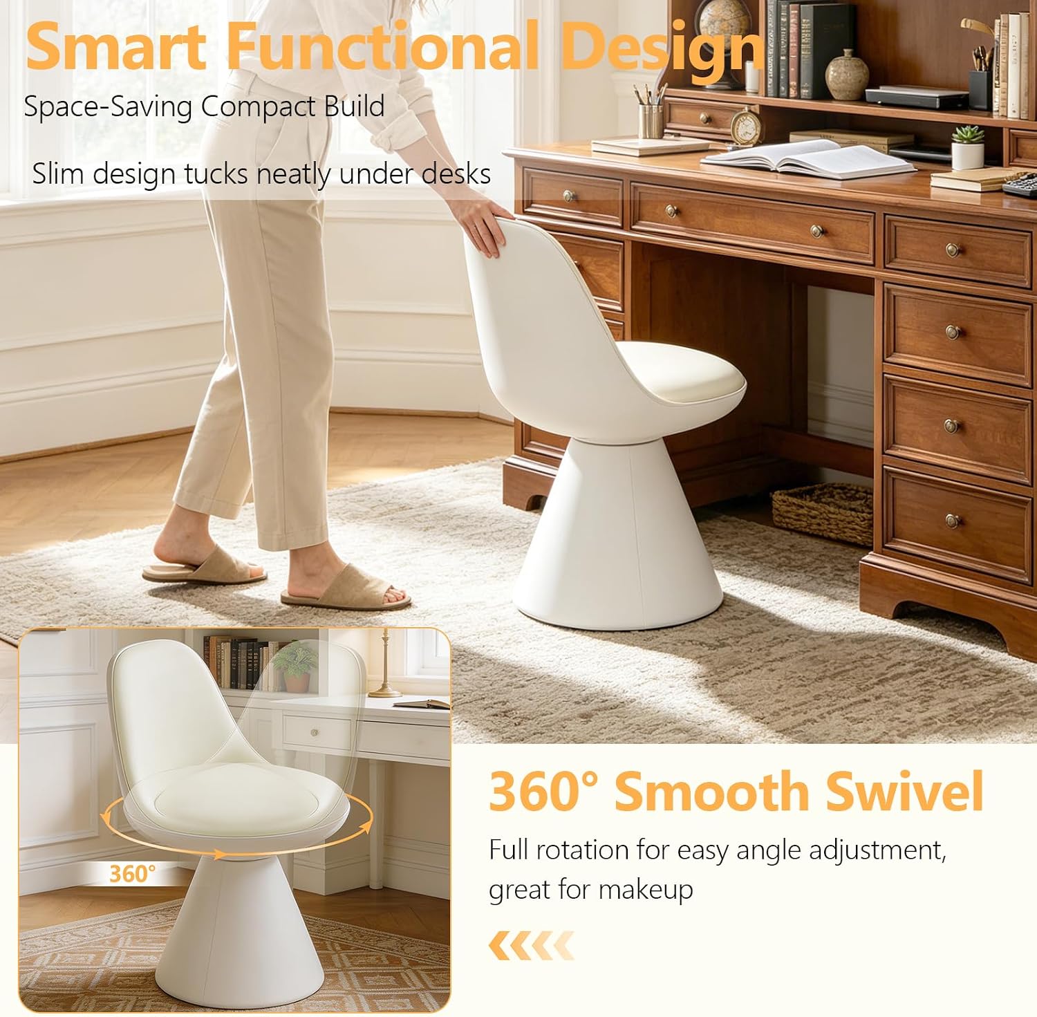 Swivel Vanity Chair, Multifunctional Upholstered Ottoman Foot Stool Leather with Mid Back for Makeup, Modern Vanity Stool for Vanity Bedroom Living Room, Dining Room