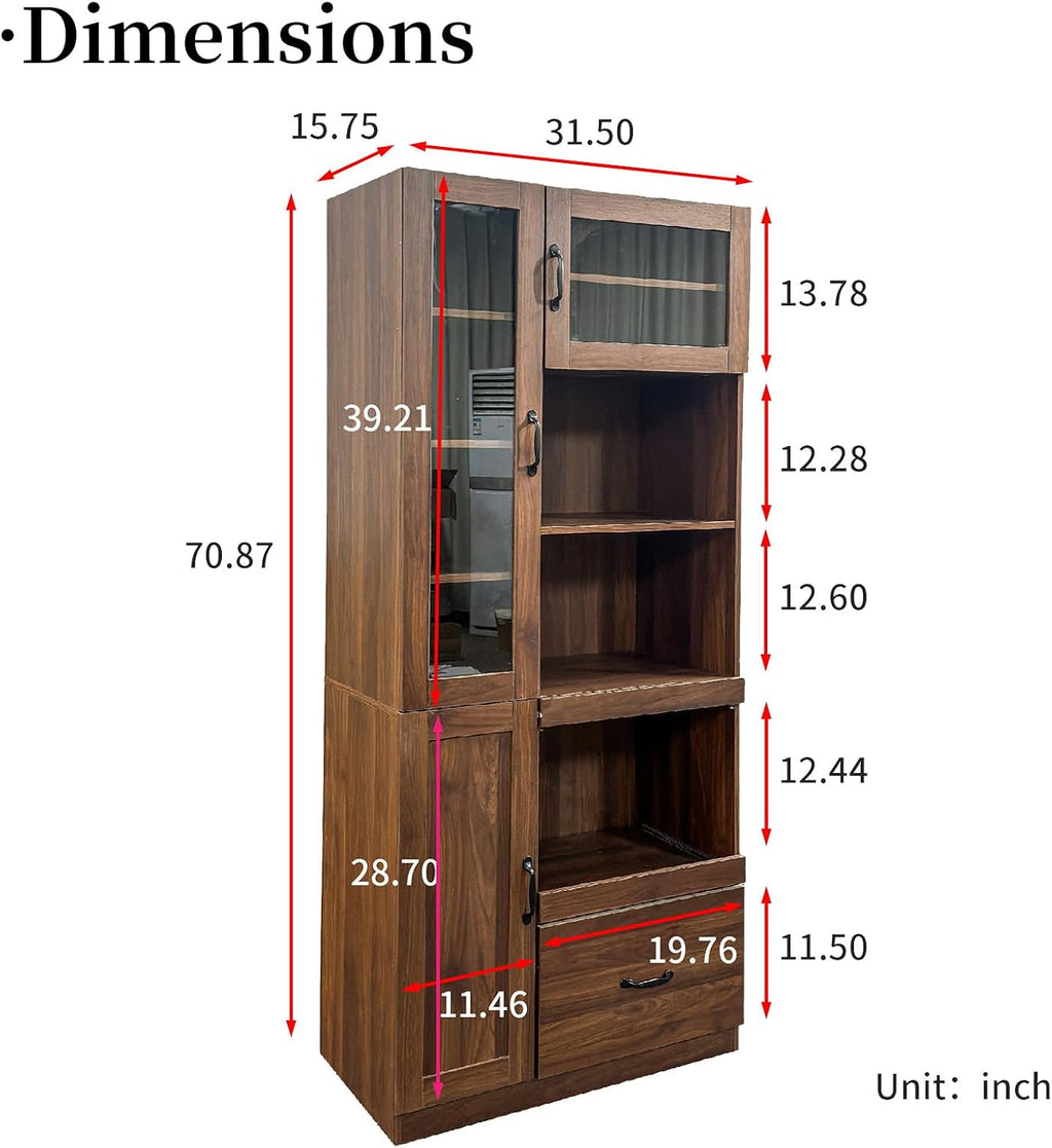 JOYSOURCE Tall Kitchen Hutch Cabinet with Pull-Out Shelves, Storage Drawer, Glass Doors Freestanding Pantry Large Kitchen Cupboard for Dining Room with Microwave Countertop Walnut Finish