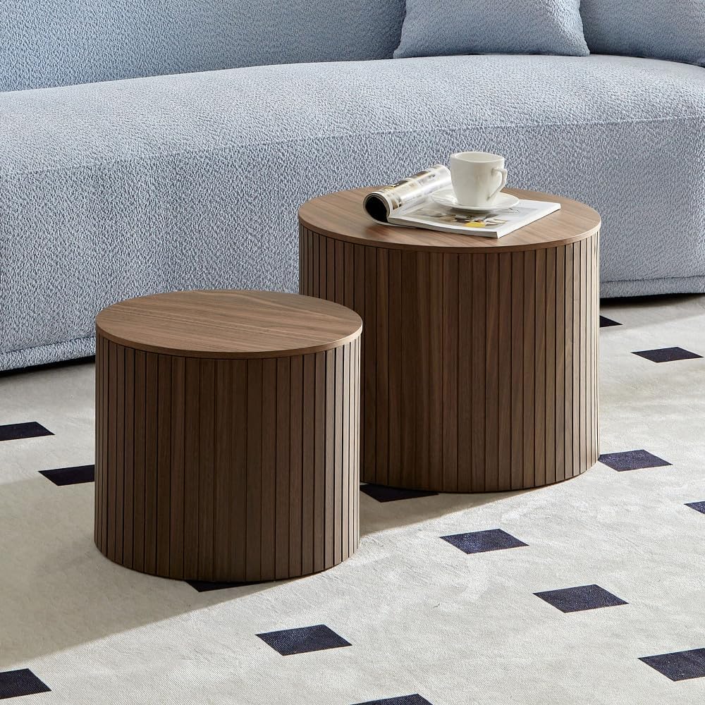 Nesting Coffee Tables Set of 2, Walnut MDF, Handcrafted Round Design | 2-Piece Nested Table Set with Space-Saving Round Design for Living Room or Lounge Area