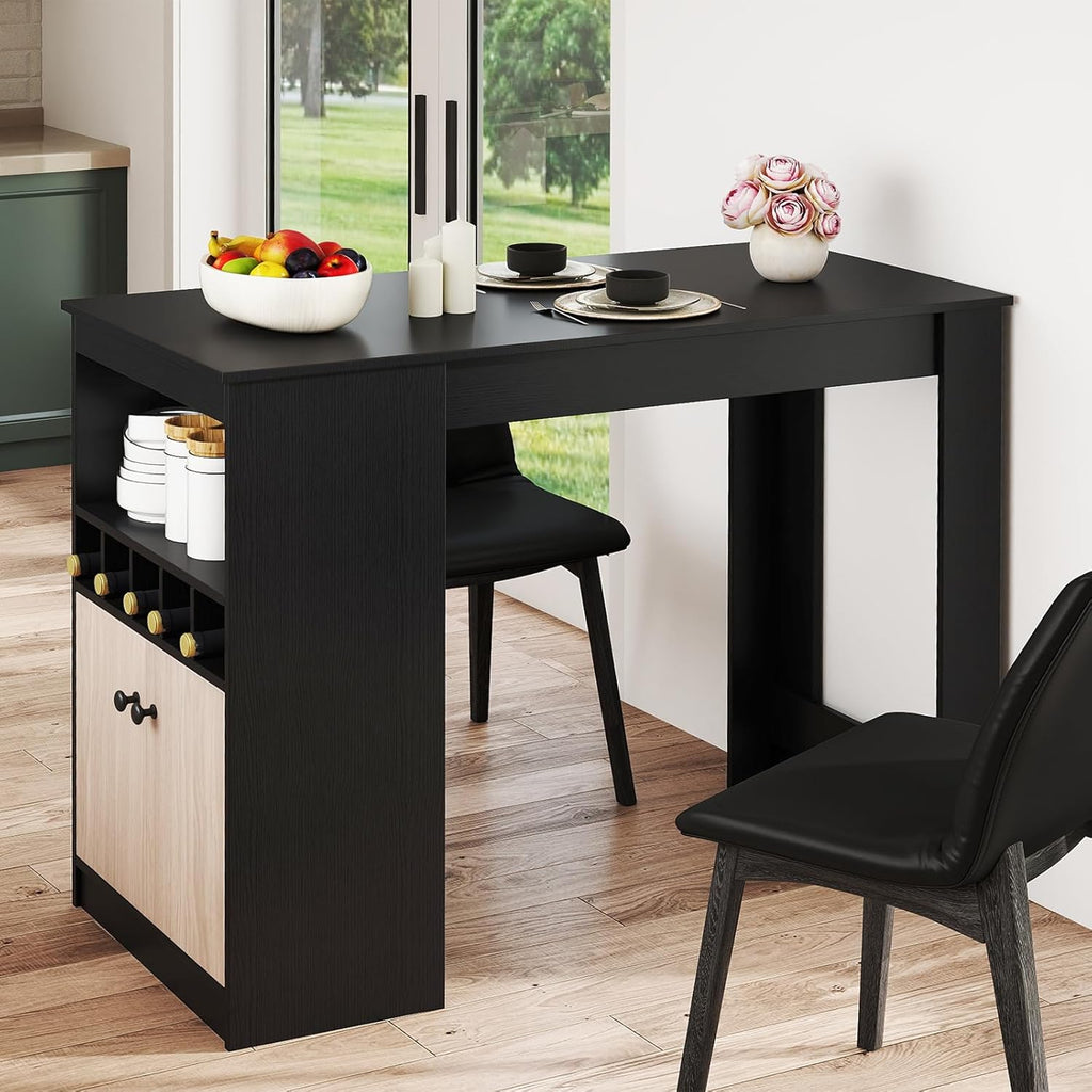 Giantex 48" Dining Table, Counter Height Bar Table with Storage Cabinet, Wine Rack, Compartment & Adjustable Shelf, Modern Bistro Tables for Home, Coffee Shop, Kitchen, Pub, Black & Gray