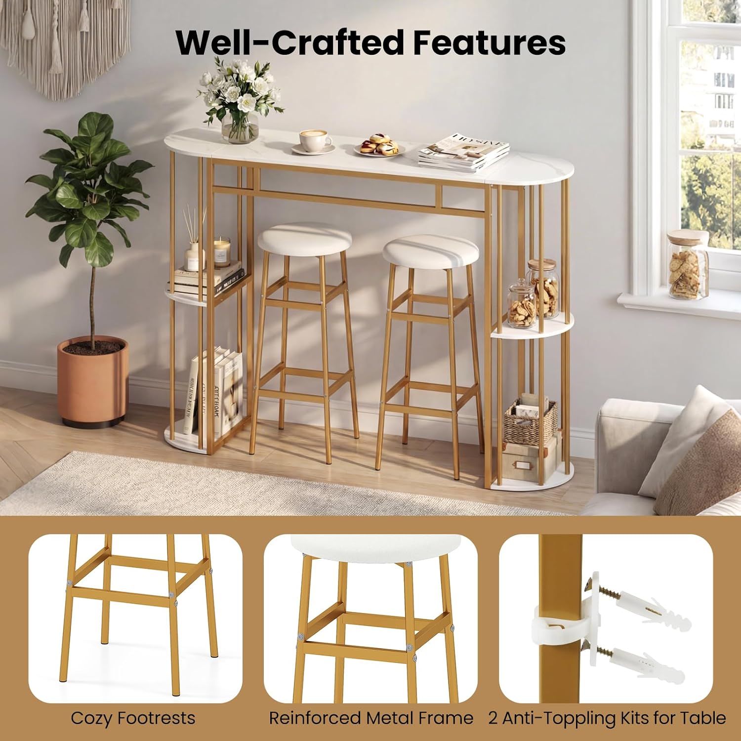 COSTWAY Bar Table Set for 2 with Storage Shelves, 60" Dining Table & 2 Upholstered Barstools with Faux Marble Tabletop, 3-Piece Bar Height Dining Set for Kitchen, Small Space (Golden & White)
