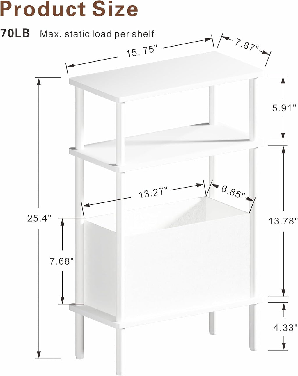 End Table with Storage Basket, Small Narrow Side Table for Bedroom Living Room, 3-Tier Slim Bedside Table, 25" H Nightstand with Fabric Shelf, White