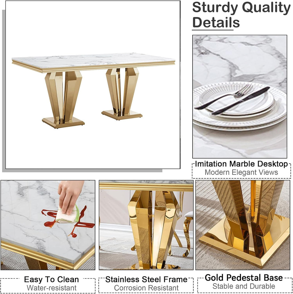 7 Piece Marble Dining Table Set for 6, Luxury Gold Kitchen Table and Chairs Set of 6, 68" White Marble Pedestal Dining Room Table with 6 PU Leather Chairs for Kitchen Dinette Furniture