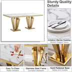 7 Piece Marble Dining Table Set for 6, Luxury Gold Kitchen Table and Chairs Set of 6, 68" White Marble Pedestal Dining Room Table with 6 PU Leather Chairs for Kitchen Dinette Furniture