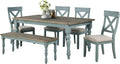 Roundhill Furniture Prato 6-Piece Dining Set, Dining Table with 4 Cross Back Chairs and Bench, Antique Blue and Distressed Walnut Finish