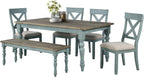 Roundhill Furniture Prato 6-Piece Dining Set, Dining Table with 4 Cross Back Chairs and Bench, Antique Blue and Distressed Walnut Finish