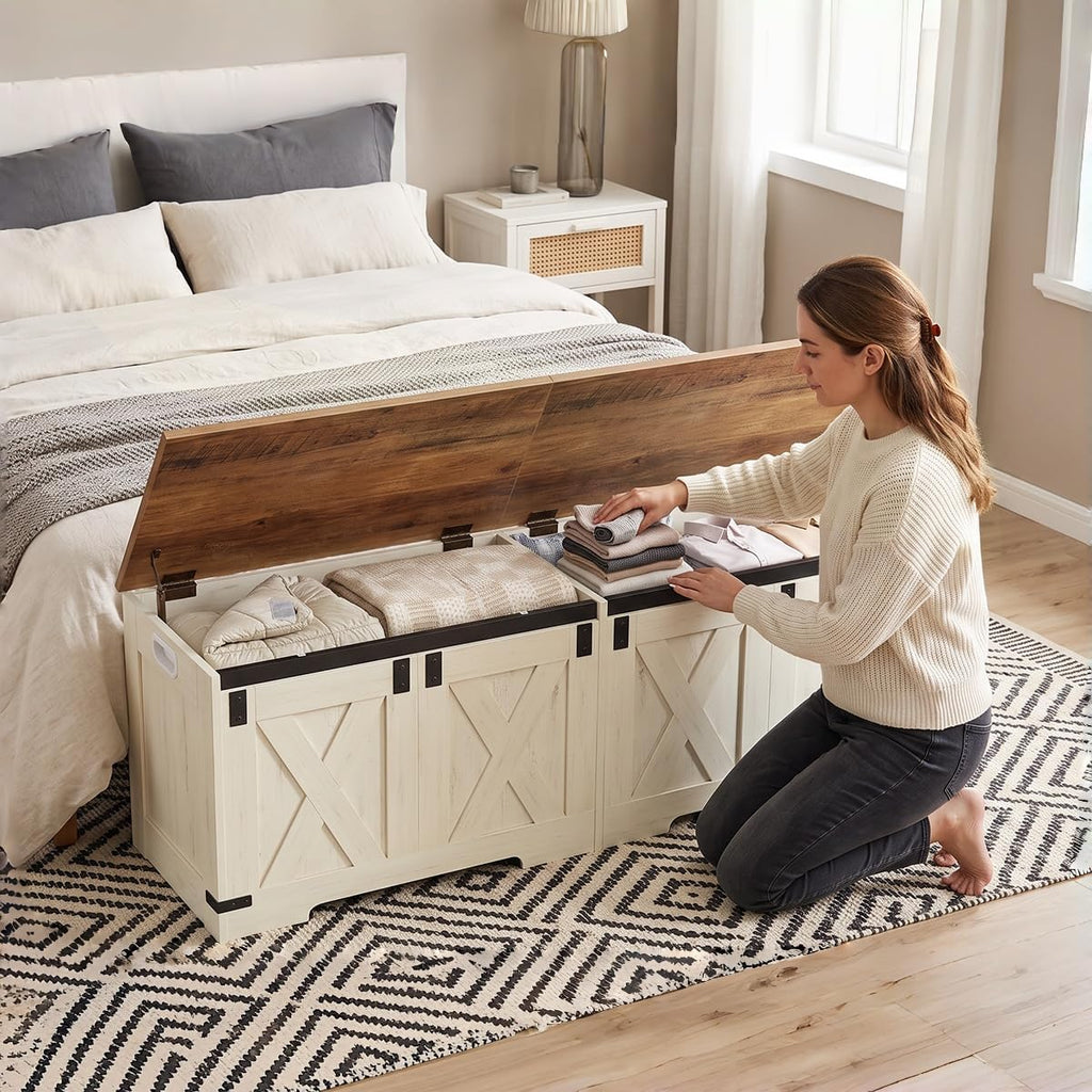 Hzuaneri 59" Farmhouse Storage Chest and Bench | 70 Gal | 330lb Seat | Soft-Close Hinges | Retro White | Shoe and Blanket Storage for Bedroom, Living Room, Entryway | Easy Assembly | SB15014X