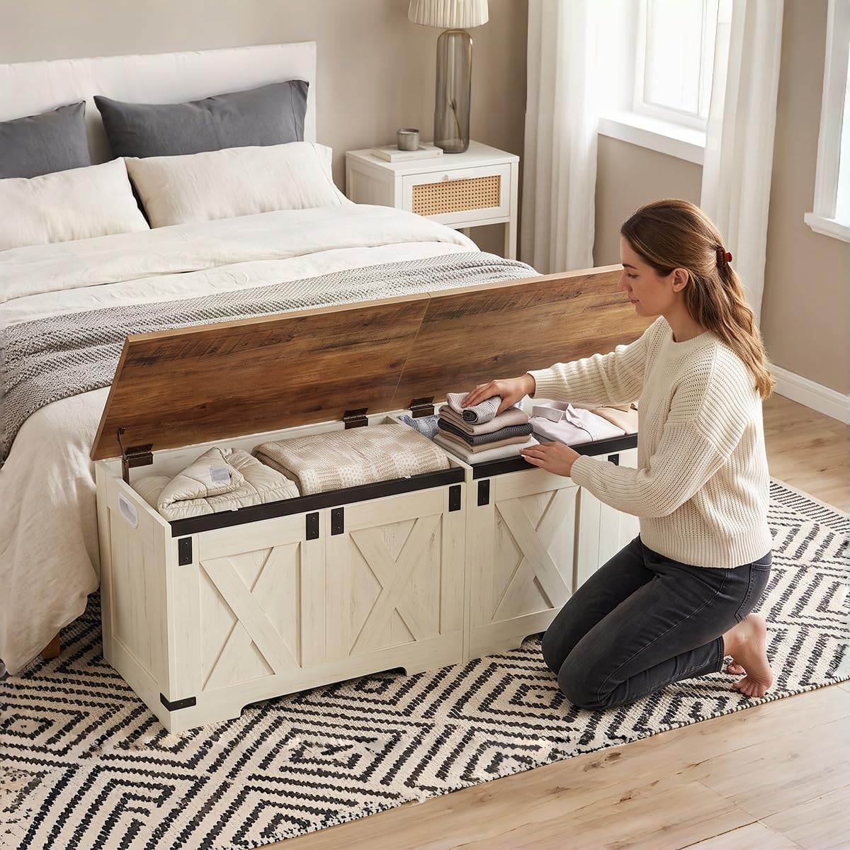 Hzuaneri 59" Farmhouse Storage Chest and Bench | 70 Gal | 330lb Seat | Soft-Close Hinges | Retro White | Shoe and Blanket Storage for Bedroom, Living Room, Entryway | Easy Assembly | SB15014X