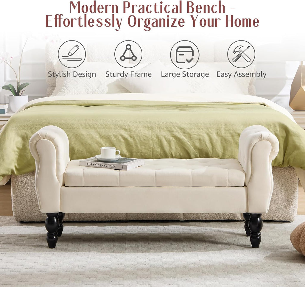 47.6" Storage Bench for End of Bed Bedroom, Velvet Ottoman Bench with Arms and Wood Legs, Upholstered Tufted Button Entryway Bench with Storage, Window Sitting Bench for Living Room, Cream