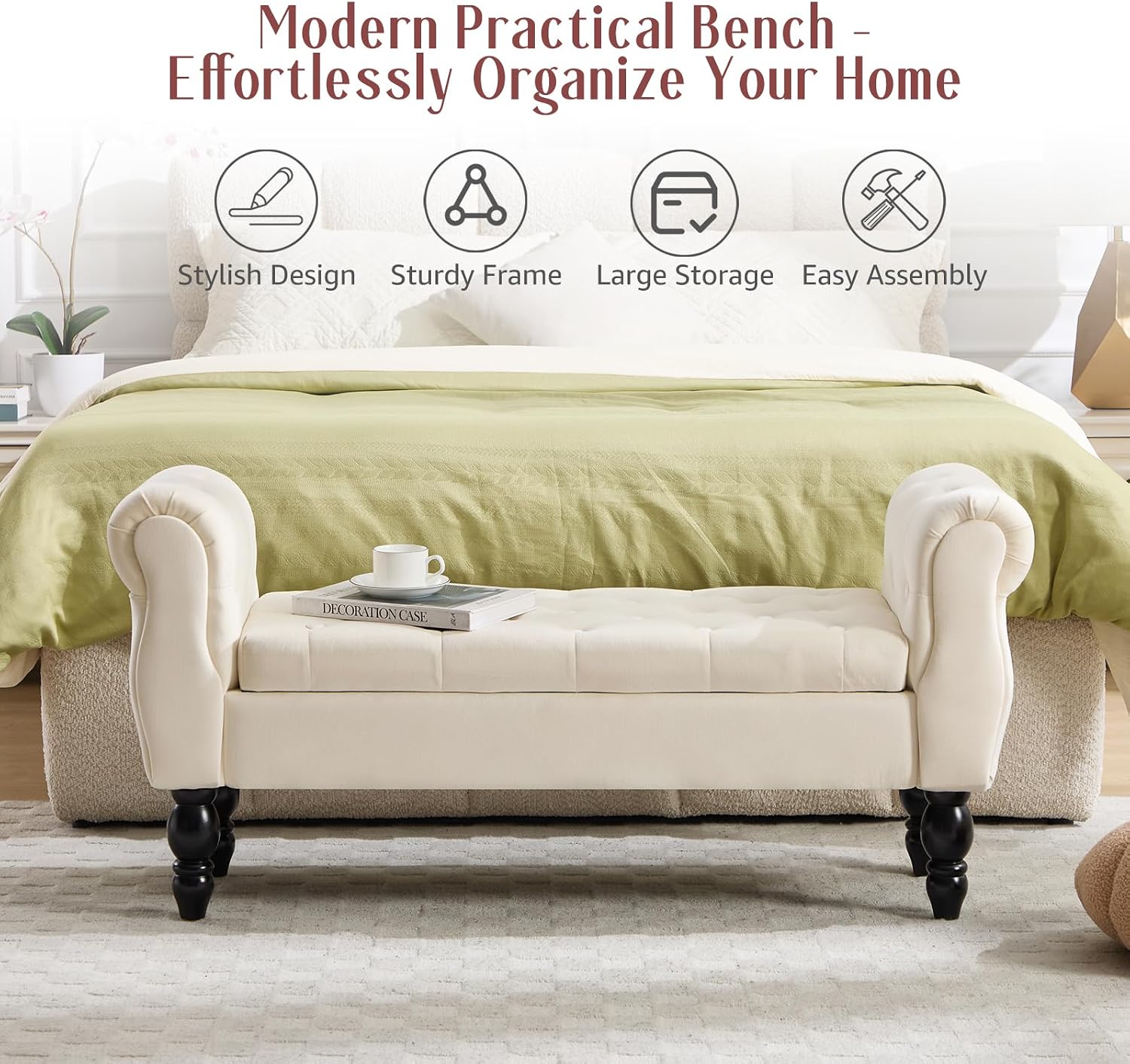 47.6" Storage Bench for End of Bed Bedroom, Velvet Ottoman Bench with Arms and Wood Legs, Upholstered Tufted Button Entryway Bench with Storage, Window Sitting Bench for Living Room, Cream