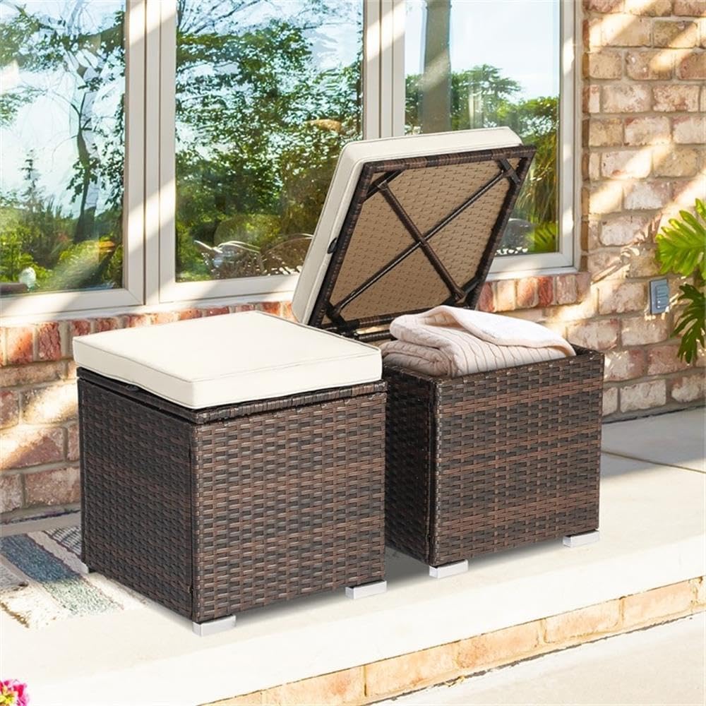 Pemberly Row 2PCS Patio Rattan Ottoman Seat with Storage, Off White, Durable Outdoor Furniture, Multipurpose Design for Patio Seating and Storage Solutions