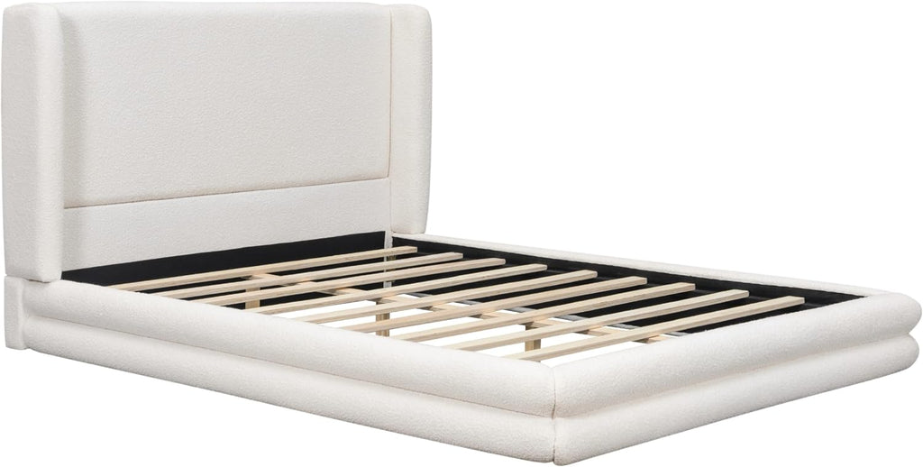 Queen Size Boucle Bed Frame, Upholstered Cloud Beds Frames with Headboard, Soft Platform Bed Frame with Thickened Footboard,12 Wooden Legs Support, No Box Spring Required (42" White, Queen)