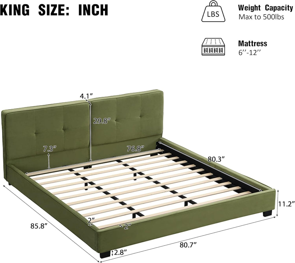 Christopher Knight Home Cordo King Size Bed, Velvet Upholstered Platform Bed, Wooden Slats Panel Support, Tufted Square Corners Haedboard, No Box Spring Needed, Easy Assembly, Oliver Green