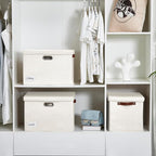 17" Large Collapsible Storage Bins with Lids, Stackable Closet Organizers with PU Handle and Labels, 3-Pack Decorative Fabric Storage Boxes for Home, Bedroom, Closet, Office, Nursery(White)
