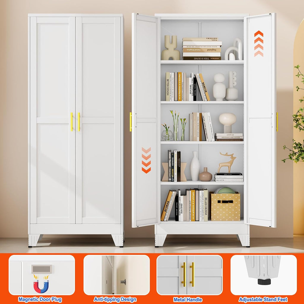GAIOUS 71''Tall Metal Garage Storage Cabinet,File Cabinet with Door and Adjustable Shelves, Outdoor Steel Tool Cabinet for Home,Office,Warehouse,Garage,White