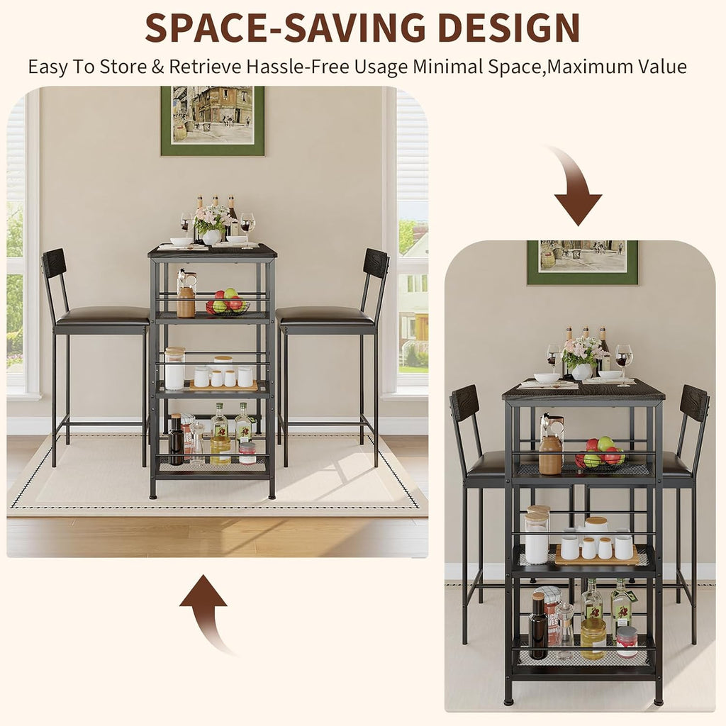 3-Piece Bar Table Set with 2 Bar Stools, Built-in Wine Rack and 3-Tier Storage Shelf, Industrial Metal Frame, Space-Saving Ideal for Small Kitchens, Apartments, and Breakfast Nooks