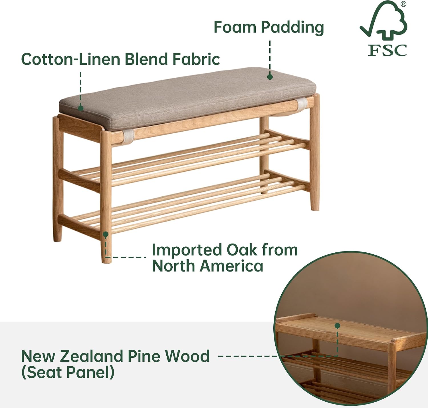 YESWOOD Solid Wood Shoe Bench Assembled, Shoe Rack Bench with Cushion for Entryway, Living Room, Bedroom, Hallway, 31.49“ x 11.81” x 17.71", Nature+Gray