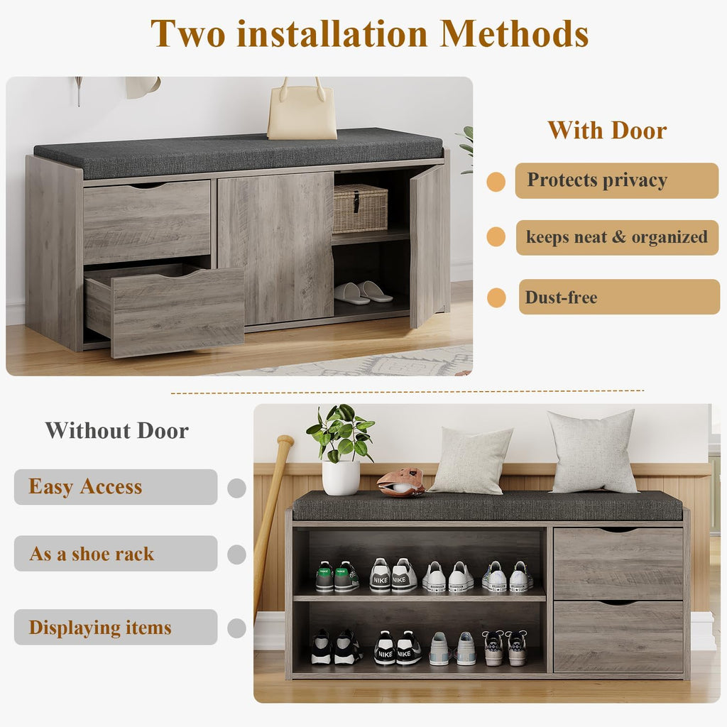LVB 2-Tier Storage Bench with Padded Cushion, Entryway Shoe Bench with 2 Drawers, 2 Barn Doors & Adjustable Shelf, Industrial Style for Foyer, Bedroom, Living Room, Greige, 40 Inch