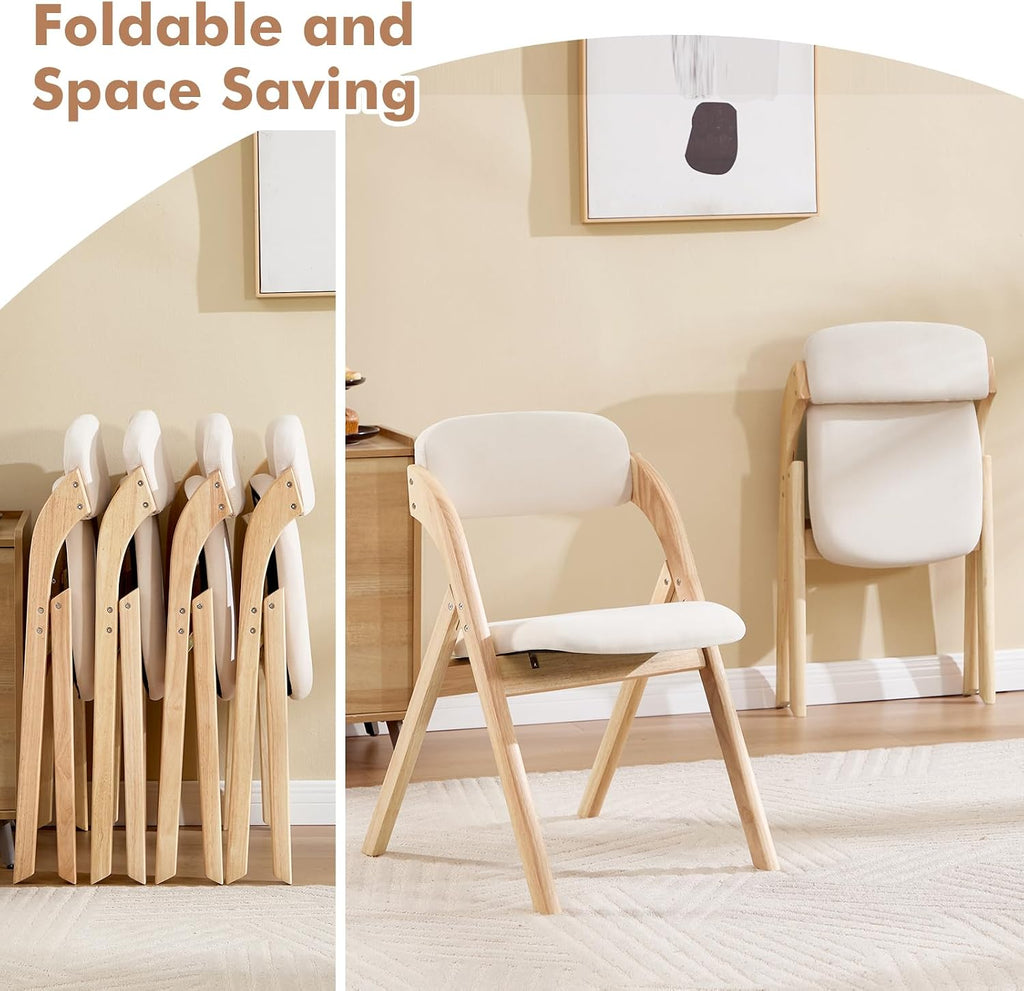 Folding Chairs with Cushion Set of 4,Linen Padded Foldable Dining Chairs, Raw Wooden Folding Dining Chairs, for Dining Rooms, Wedding Parties, Offices Indoor Outdoor Beige