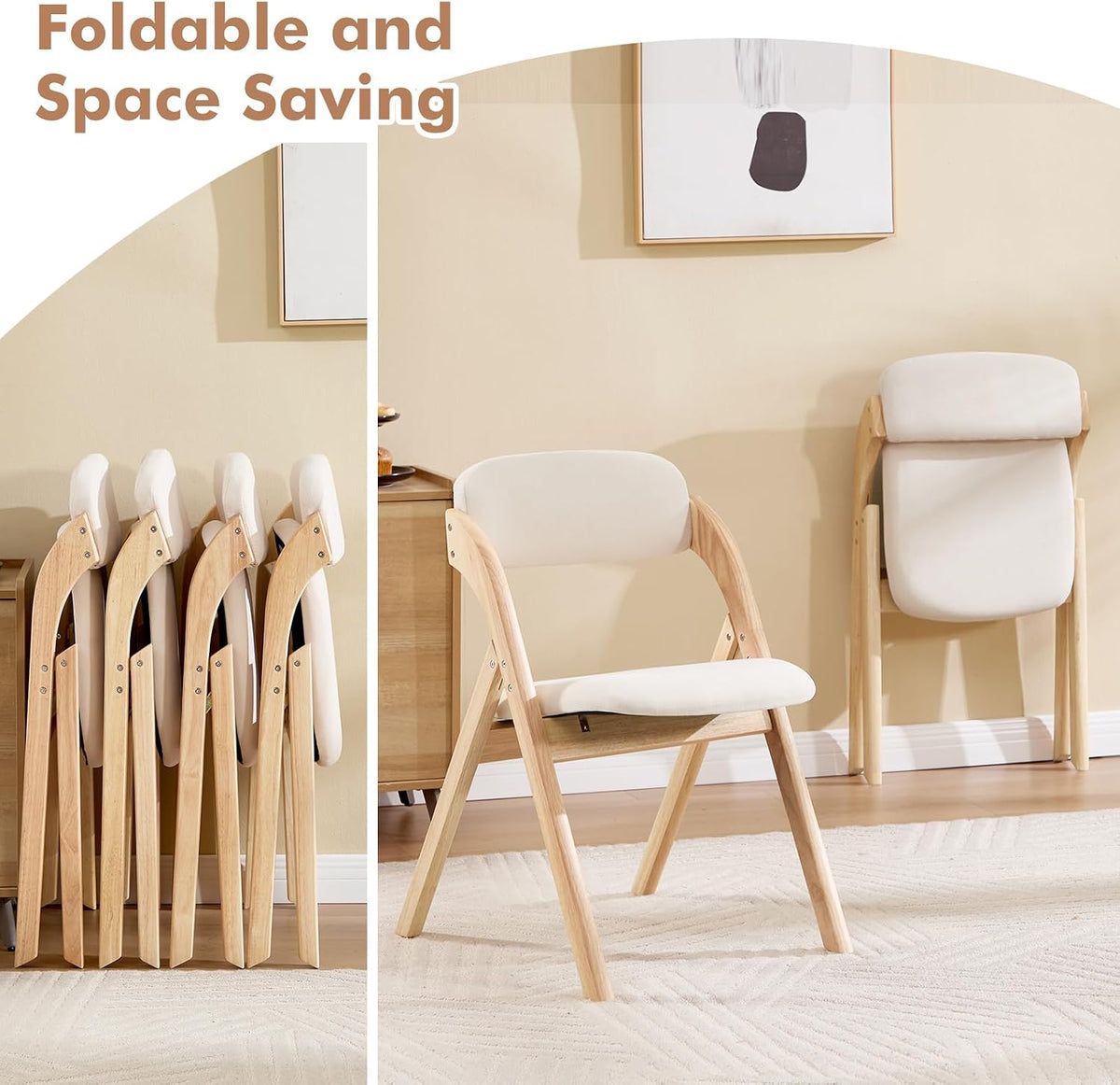 Folding Chairs with Cushion Set of 4,Linen Padded Foldable Dining Chairs, Raw Wooden Folding Dining Chairs, for Dining Rooms, Wedding Parties, Offices Indoor Outdoor Beige
