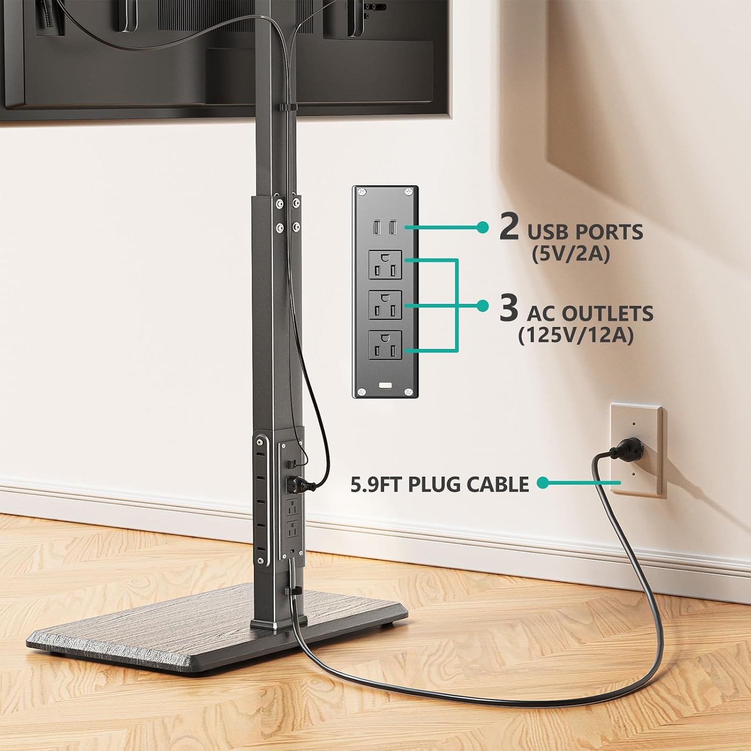 WALI Floor TV Stand with Power Outlet, Tall TV Stand Mount for 32-75 inch TV up to 110 lbs, Swivel and Height Adjustable TV Stands with Wood Base for Bedroom, Living Room(TVDVD-7P), Black