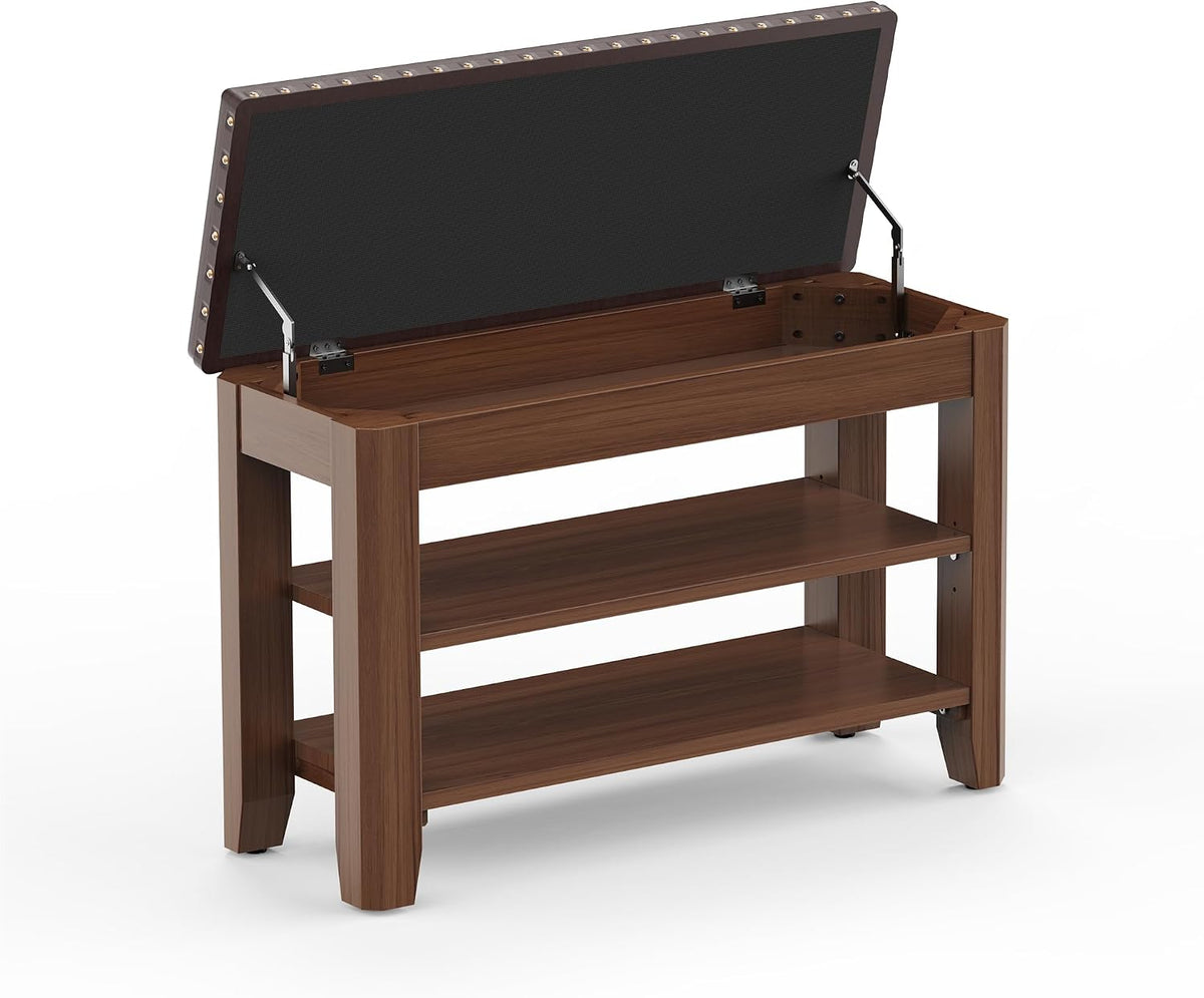 Shoe Bench for Entryway, Solid Rubberwood Shoe Bench with Hidden Storage, Adjustable 2-Tier Shelves & Soft PU Leather Seat, Shoe Rack Durable Easy Assembly for Hallway or Bedroom - Brown, 31.5"