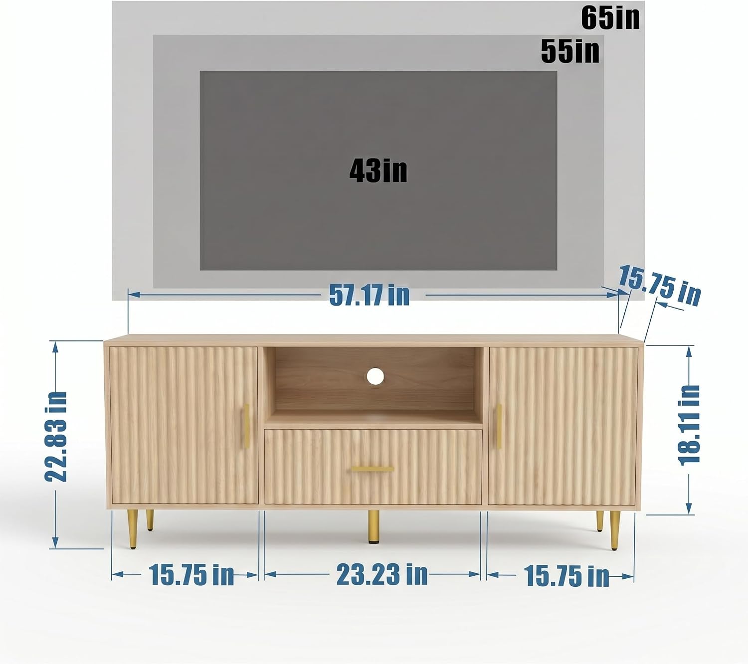 DIYART Luxury Fluted TV Stand, Entertainment Center for TVs Up to 65", Modern Media Console with Drawer and Cabinets, TV Console for Living Room Bedroom, Oak