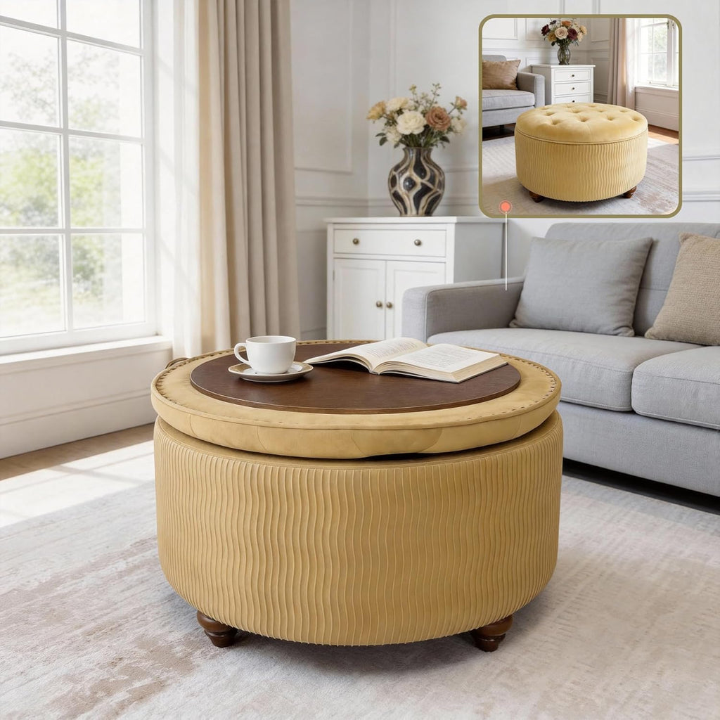 modscape 30" Velvet Round Storage Ottoman Coffee Table with Lift-Off Lid | Modern upholstered ottoman works as coffee table, footrest and extra seat. Large hidden storage for living room, bedroom.