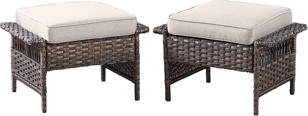 HUMMUH Outdoor Ottoman-Patio Rattan Footstool with Cushion Patio Ottoman for Deck Porch Balcony Garden-Brown/Beige