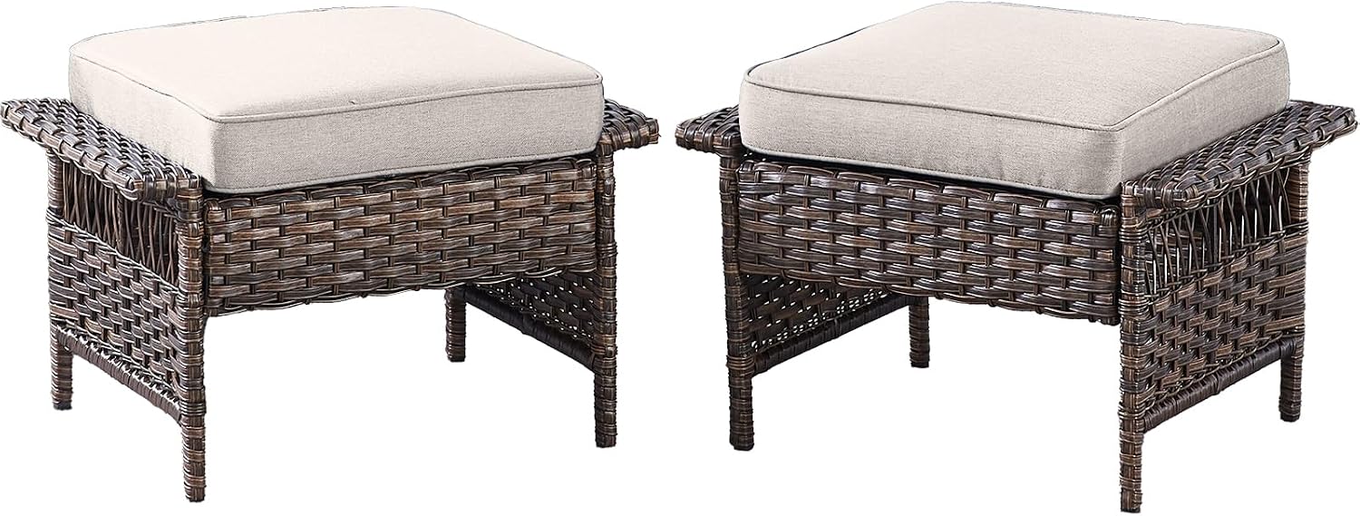 HUMMUH Outdoor Ottoman-Patio Rattan Footstool with Cushion Patio Ottoman for Deck Porch Balcony Garden-Brown/Beige