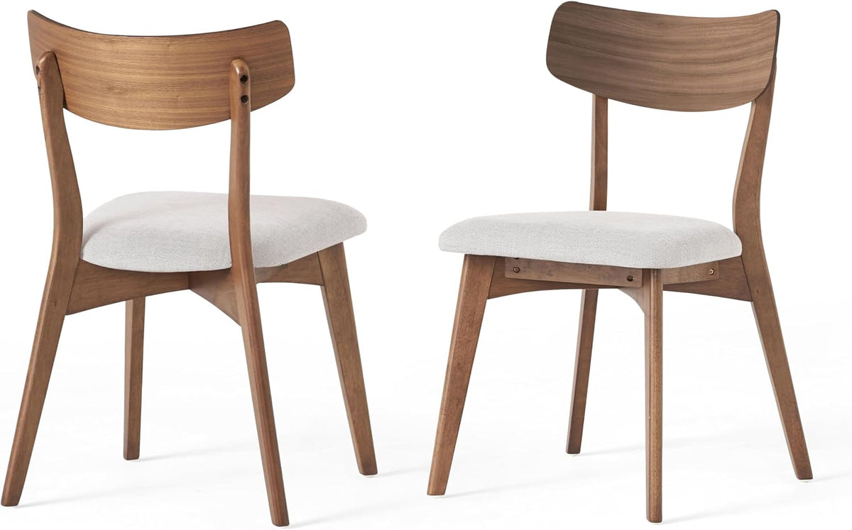 Dining Chairs Set of 2, Mid Century Modern Dining Chairs with Curved Backrest and Wood Legs, Walnut Finished Frame Upholstered Dining Room Chairs for Kitchen, Living Room (Beige)