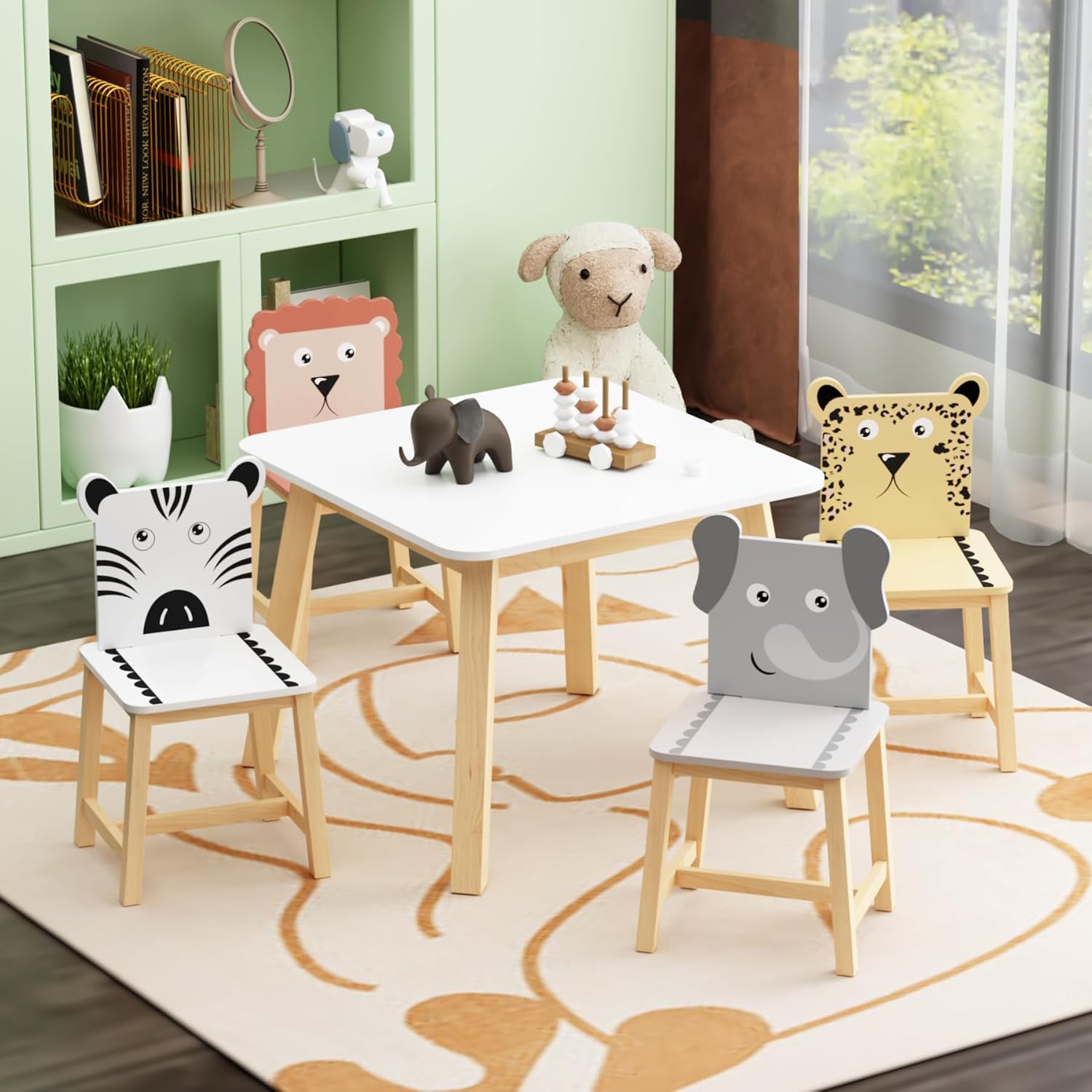 5 Pieces Table and Chair Set, Cartoon Animals Pattern Activity Play Set with Solid Wood Legs, Wooden Furniture for Playroom, Daycare & Kindergarten