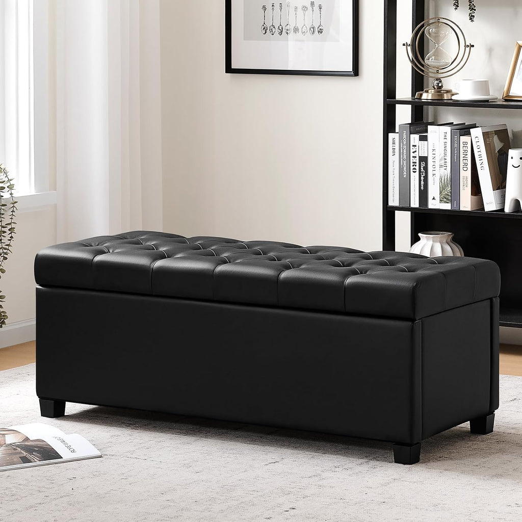 Living&Giving Leather Storage Ottoman Bench for Bedroom, 47.2", Black | 47.2'' faux leather storage ottoman with safety hinge, tufted seat and spacious hidden storage for everyday organization.